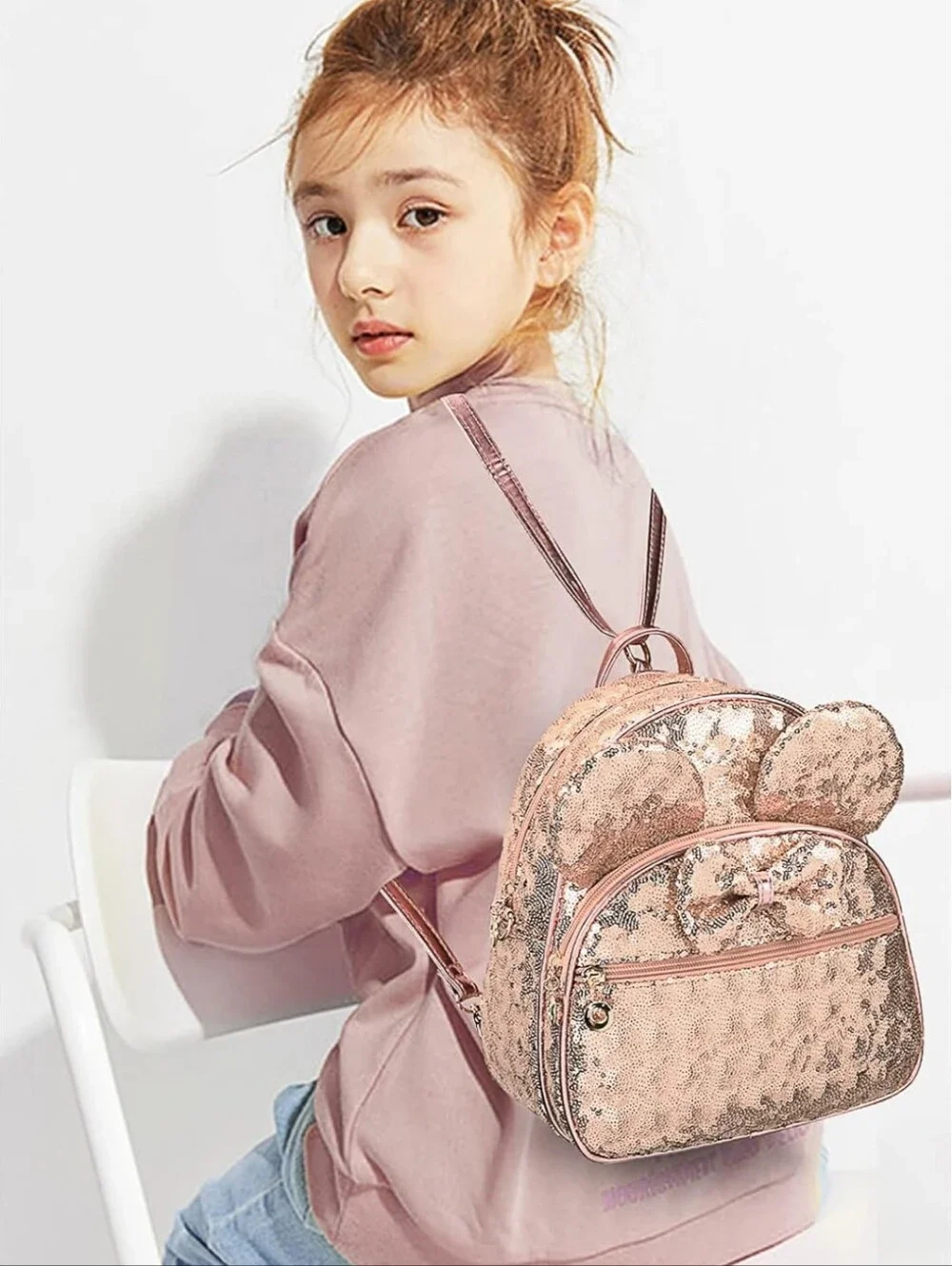 KL928 Rose Gold Sequin Bow Knot Mini Backpack New